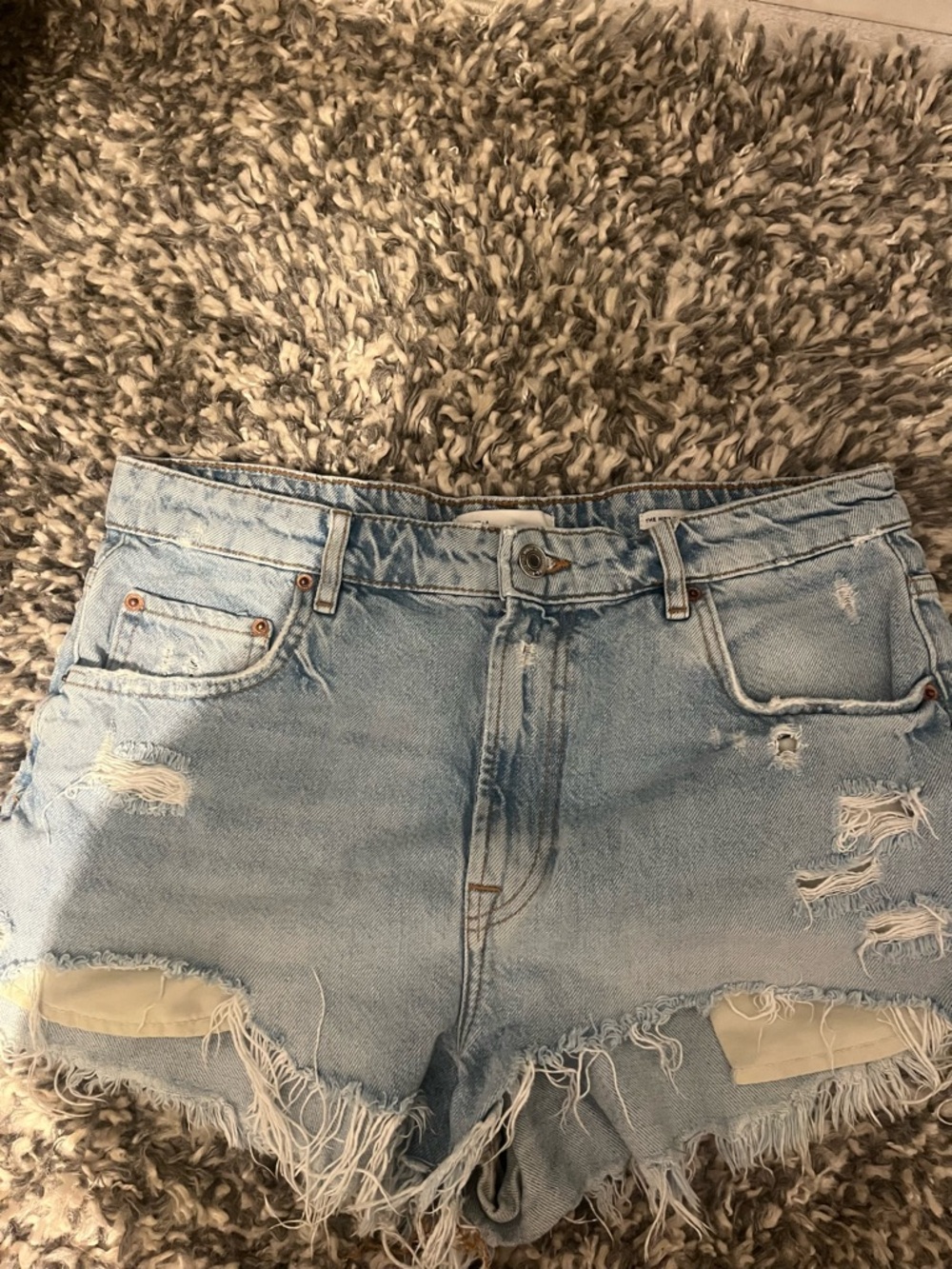 Zara Light Blue Distressed High Waist Denim Shorts